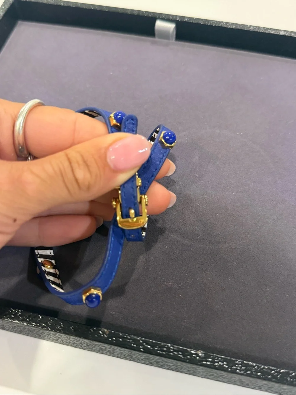 Henri Bendel Cobalt Blue Double Wrap Leather Stud Bracelet Gold Tone